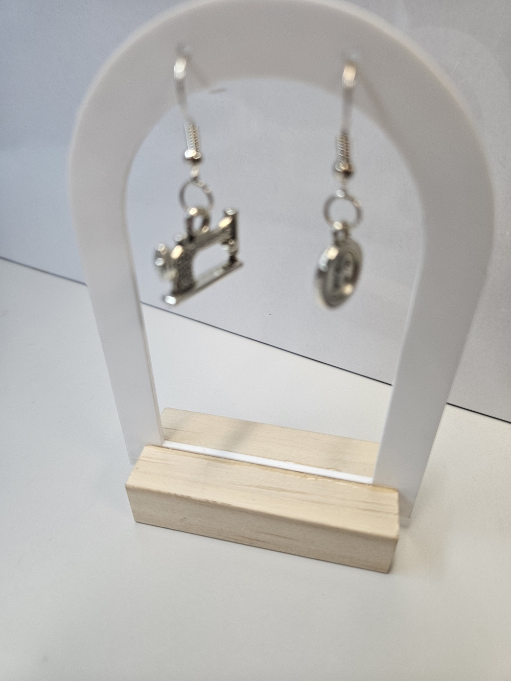 Sewing Machine Charm Drop Earrings in Silver Tone